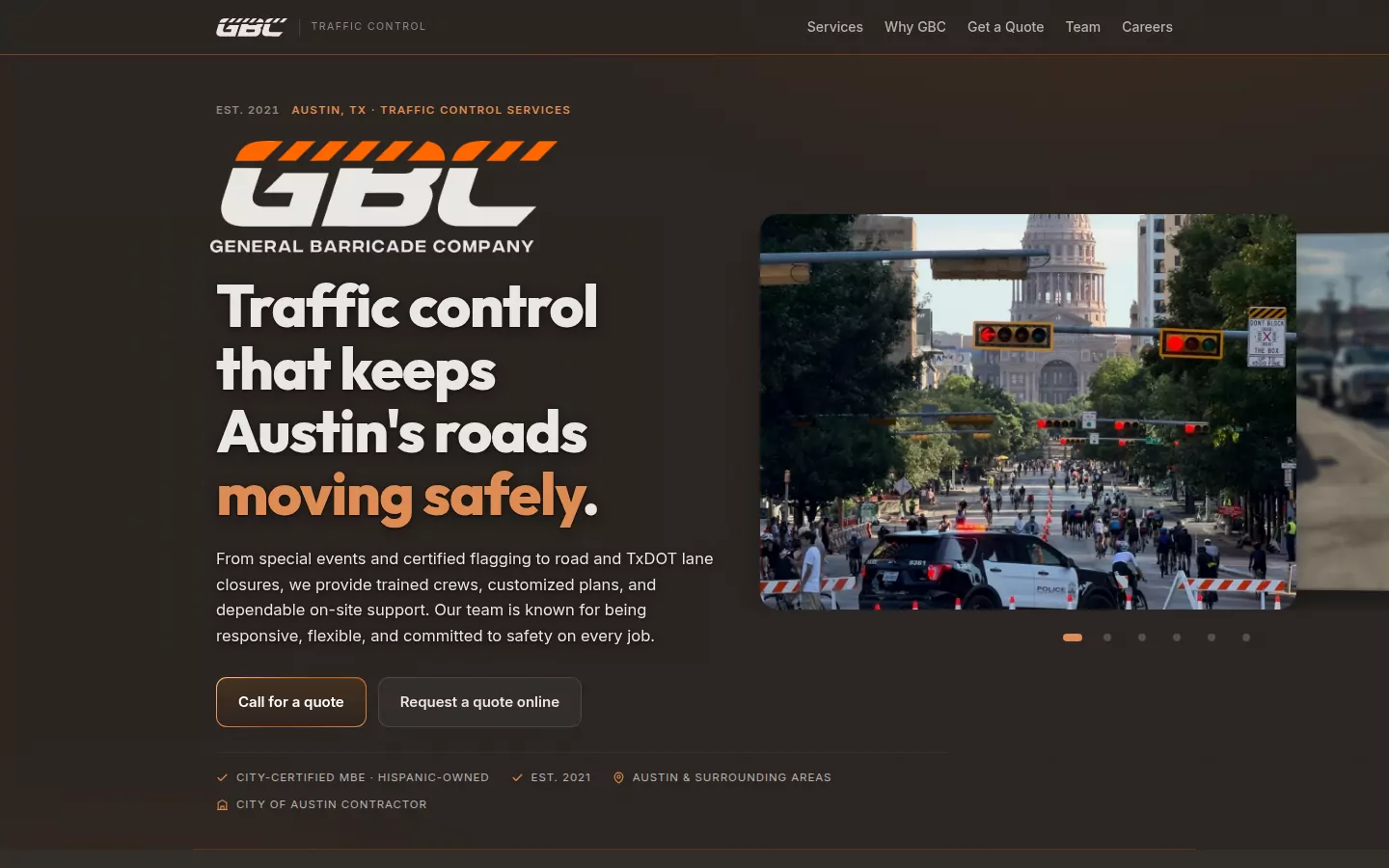 gbctrafficcontrol.com home page: Traffic control that keeps Austin's roads moving safely