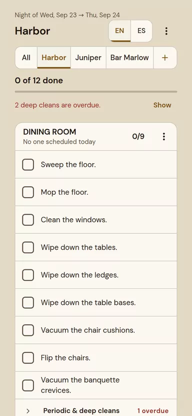 NEXUS cleaning sheet for one night shift: the dining room tasks, an English and Spanish switch, and overdue deep cleans, on sample data