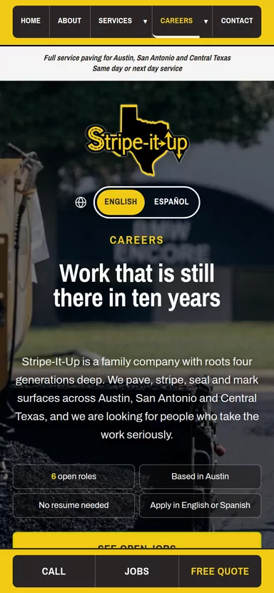The Stripe It Up careers page on a phone: six open roles, no resume needed, apply in English or Spanish